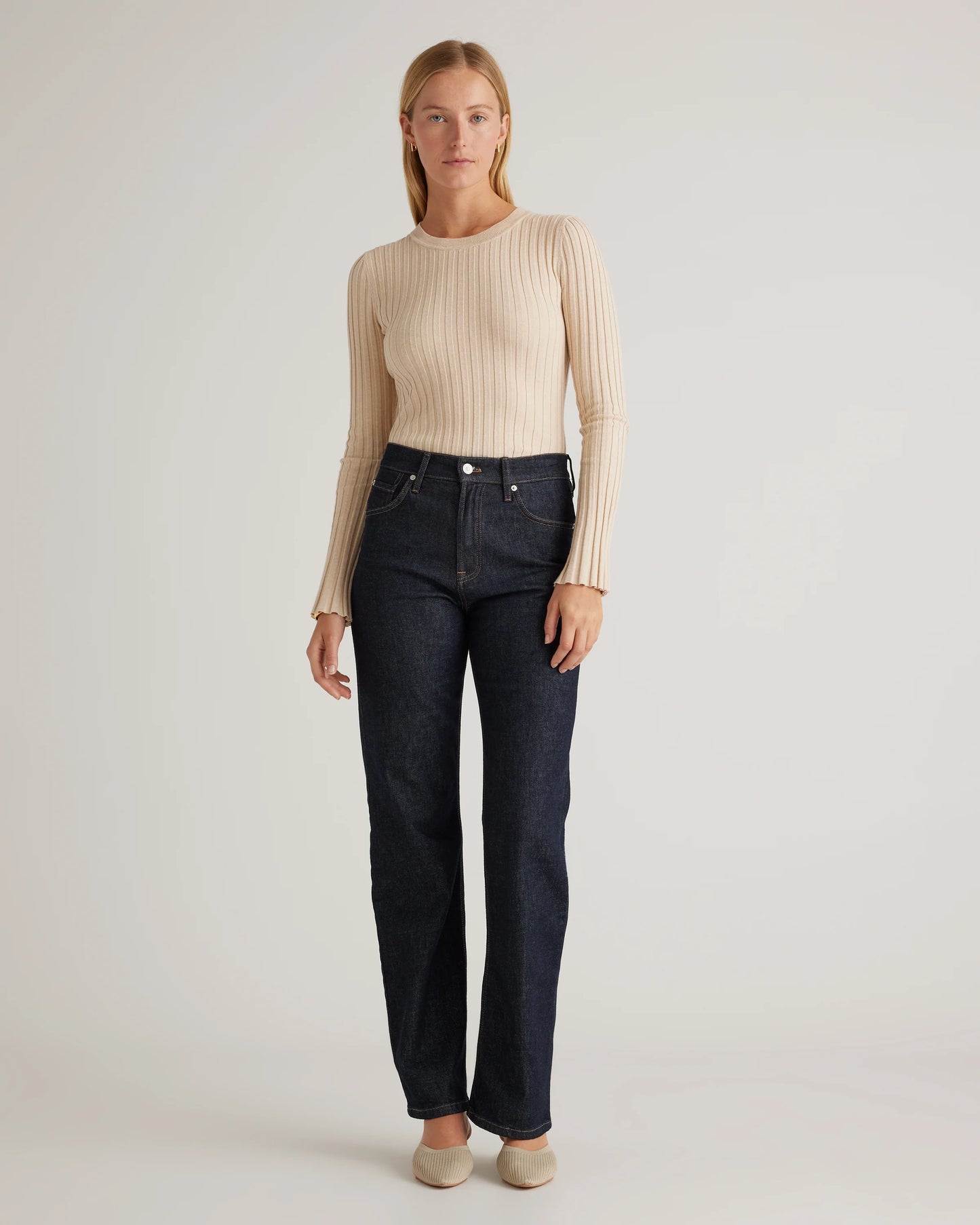 Cotton Cashmere Ribbed Long Sleeve Sweater - XS / Sugar Stone