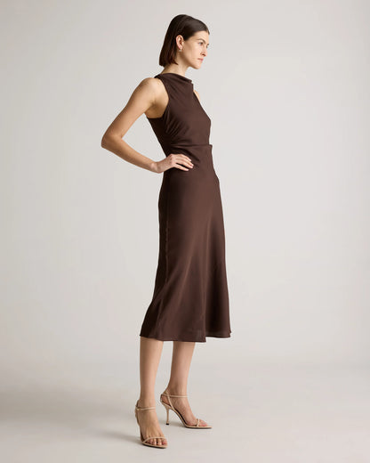 Washable Stretch Silk High Neck Midi Dress - XS / Vintage Navy Roses