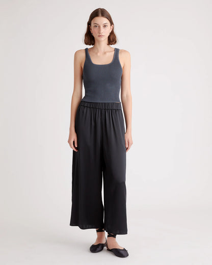 100% Washable Silk Cropped Wide Leg Pant - XS / Black
