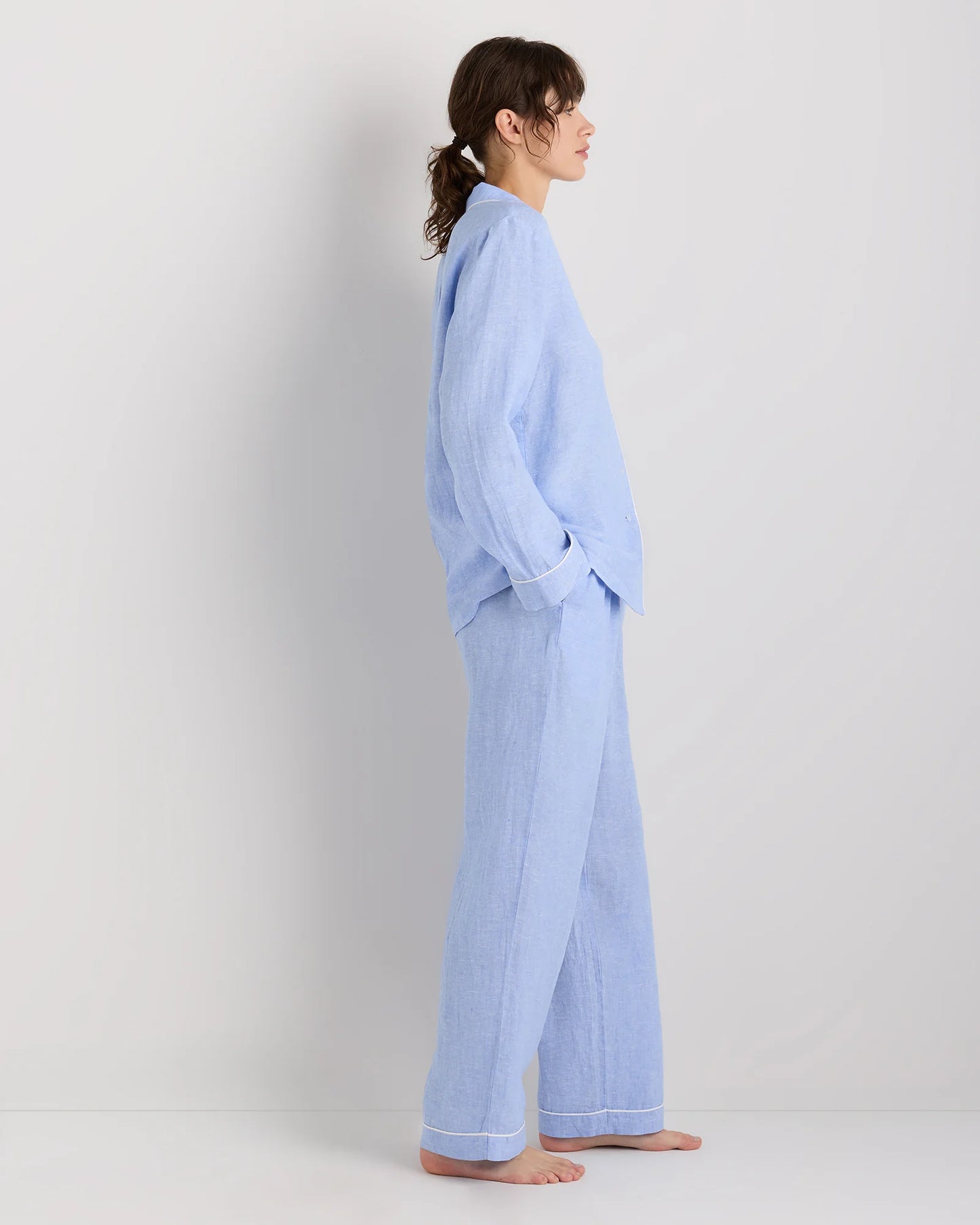 100% European Linen Long Sleeve Pajama Set with Piping - XS / Taupe Brown Gingham