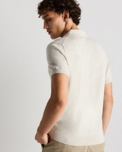 Cotton-Silk Ribbed Short Sleeve Sweater Polo - S / Speckled Beige