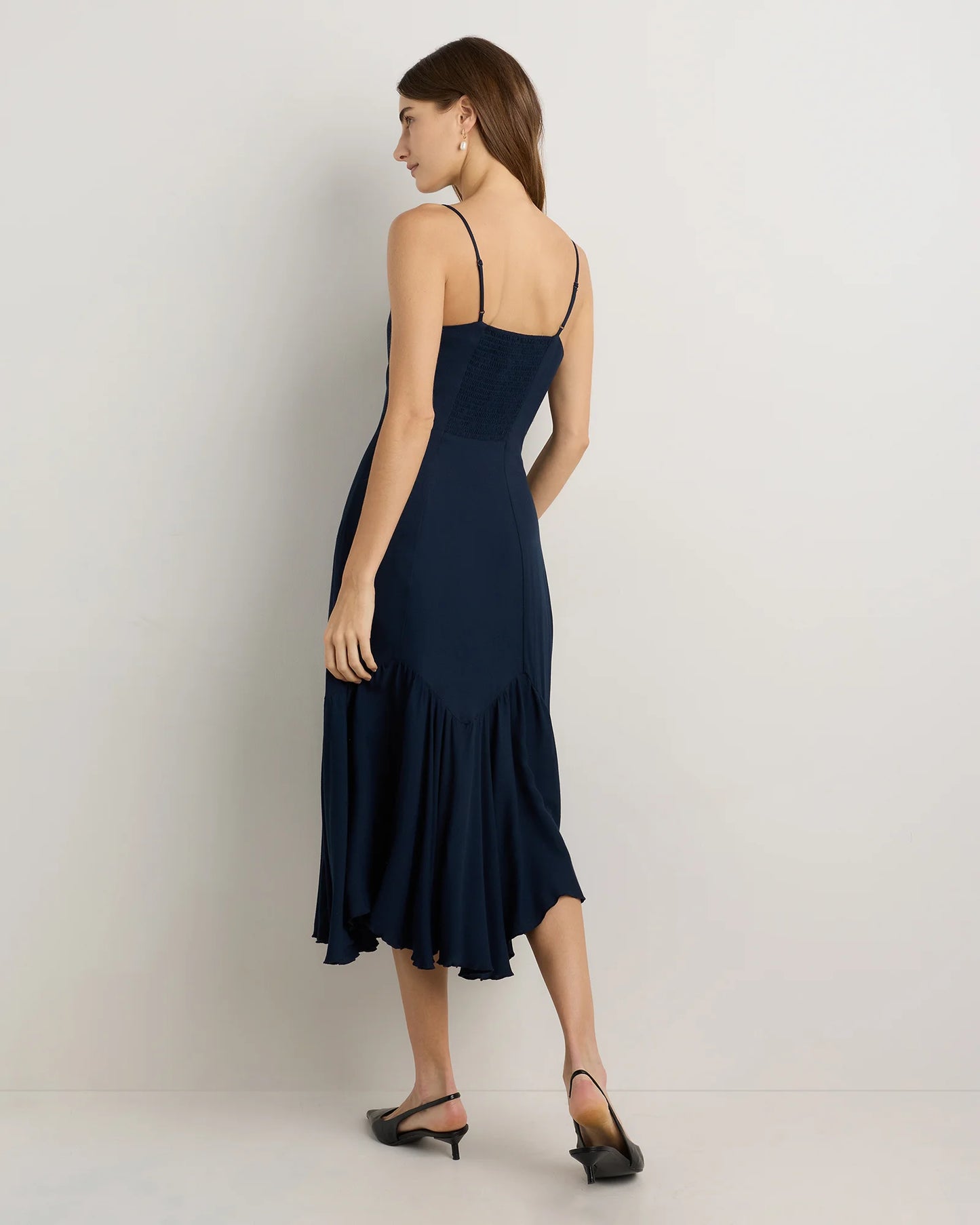 Lightweight Crepe Pleated Hem Midi Dress - XS / Deep Navy