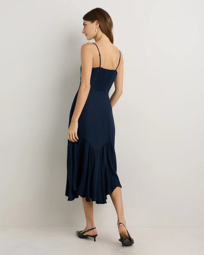 Lightweight Crepe Pleated Hem Midi Dress - XS / Deep Navy