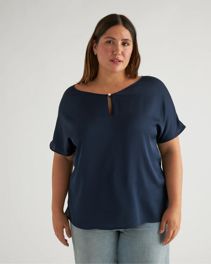 Washable Stretch Silk Reversible V-Neck Blouse - XS / Navy