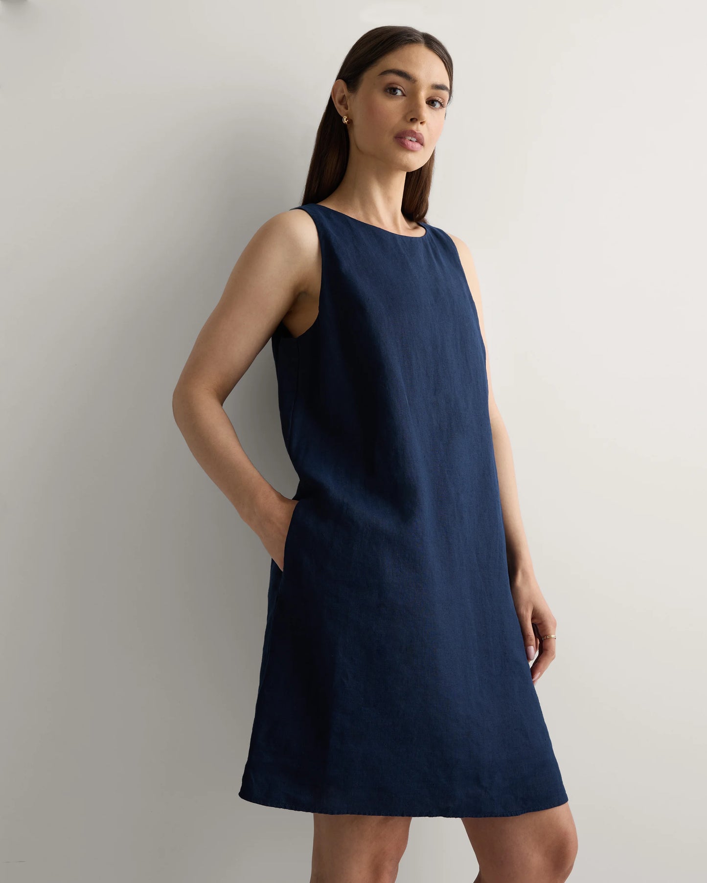 100% European Linen Tank Mini Dress - XS / Deep Navy