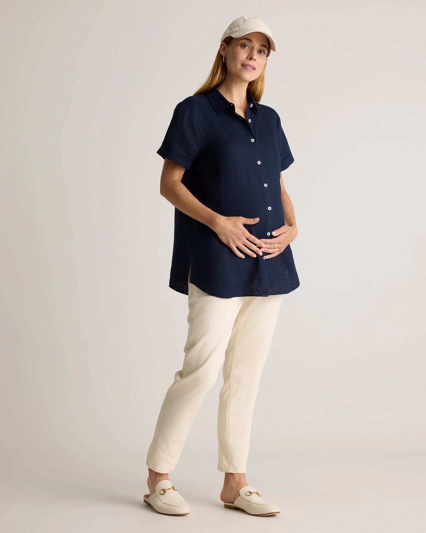 100% European Linen Maternity Camp Shirt - XS / Blue Pinstripe