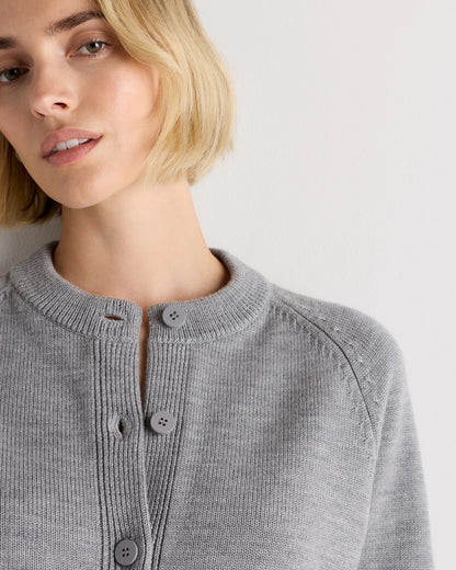 Australian Merino Wool Raglan Crewneck Cardigan - XS / Heather Grey