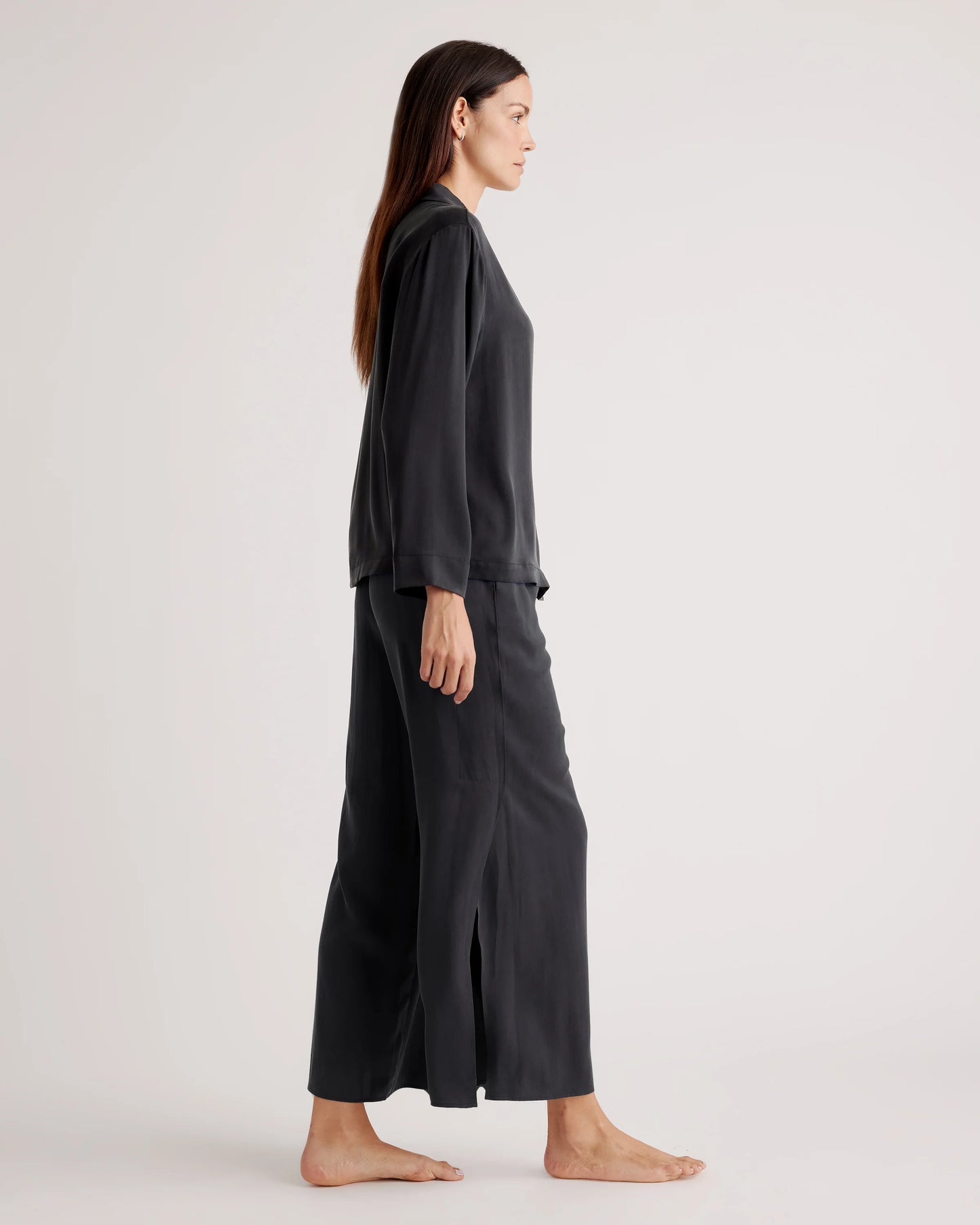100% Washable Silk Pajama Long Sleeve Top - XS / Black