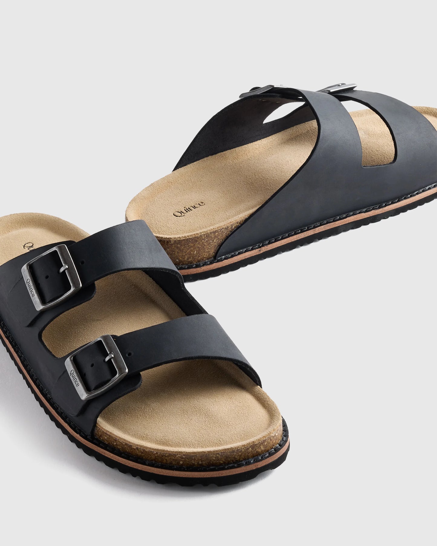 Nubuck Leather Double Buckle Slide - 7 / Black