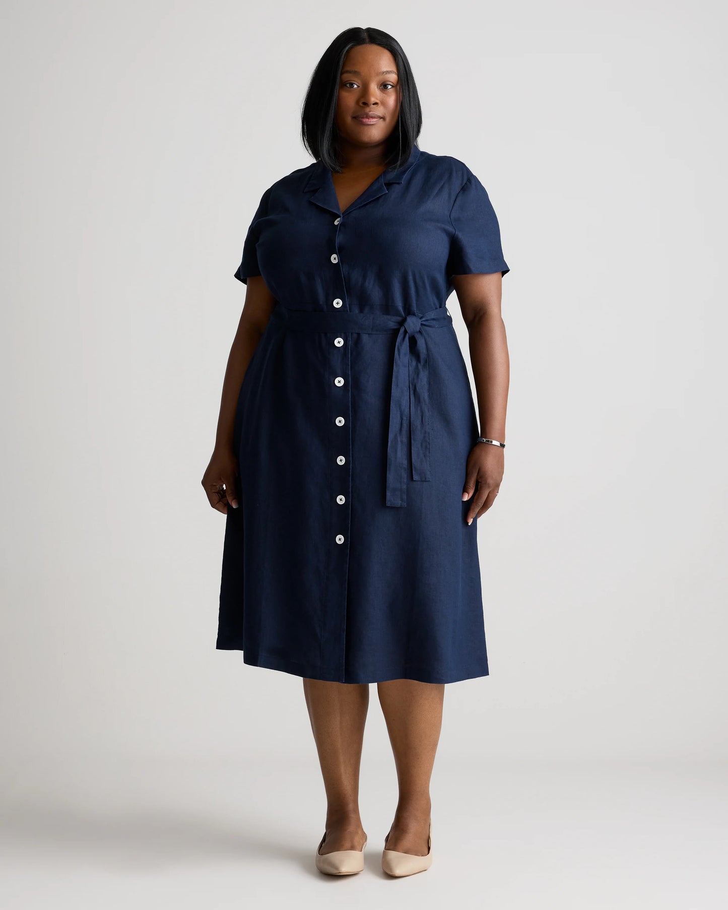 100% European Linen Button Front Dress - 1X / Blue Pinstripe