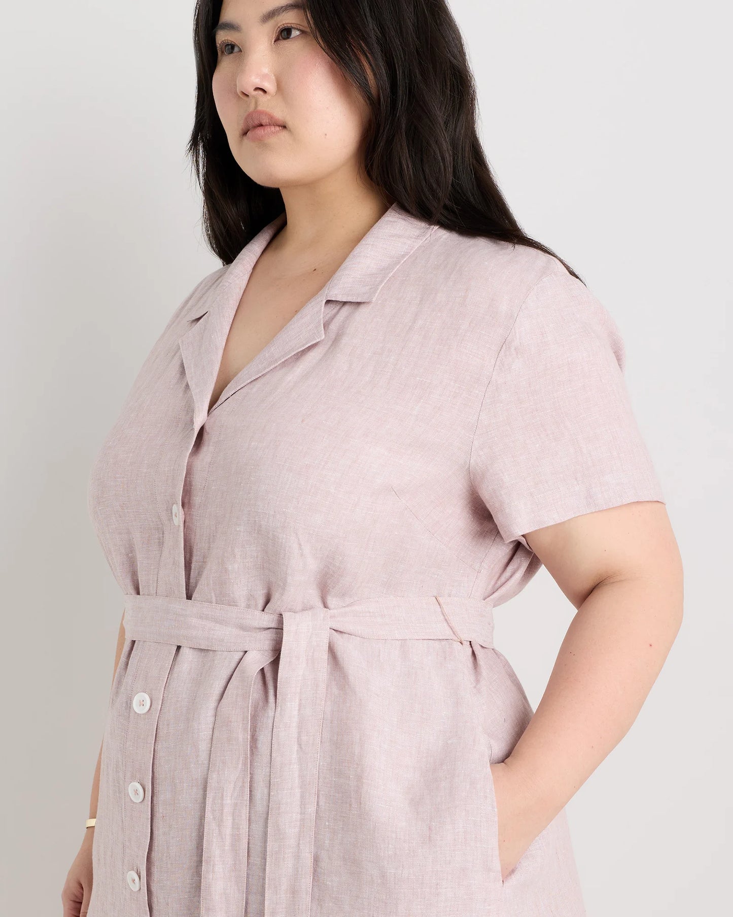 100% European Linen Button Front Dress - 1X / Blue Pinstripe