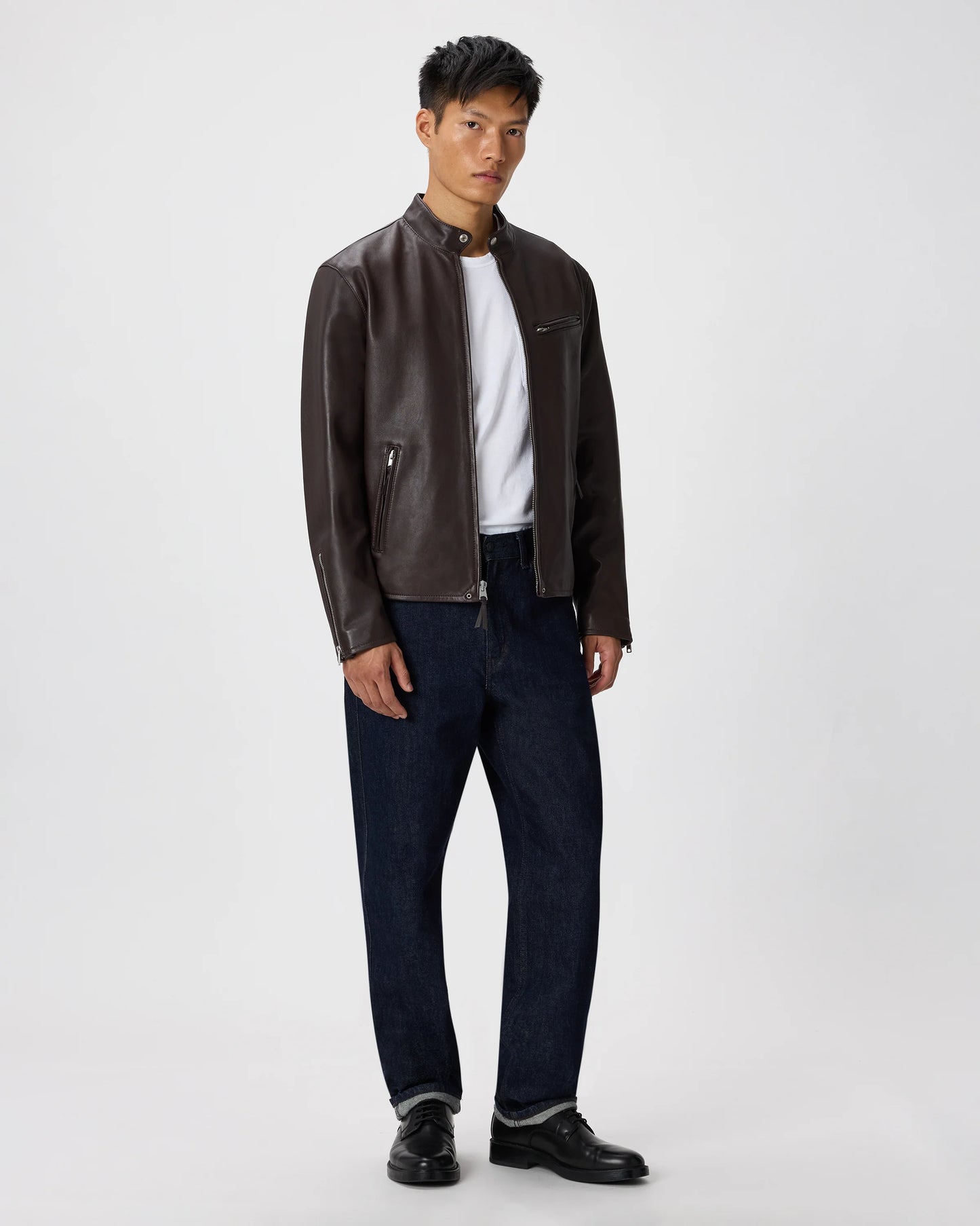 100% Leather Café Racer Jacket - S / Rich Brown