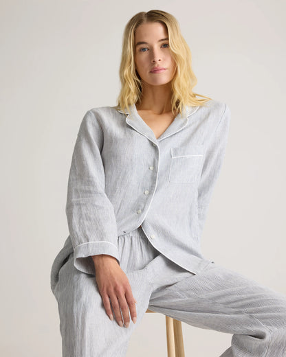 100% European Linen Long Sleeve Pajama Set with Piping - XS / Taupe Brown Gingham
