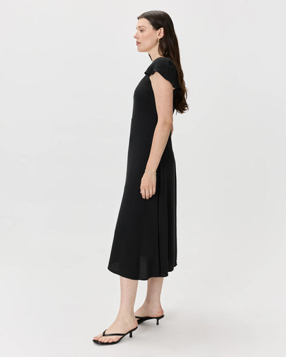 Lightweight Crepe Flutter Sleeve Midi Dress - XS / True Black