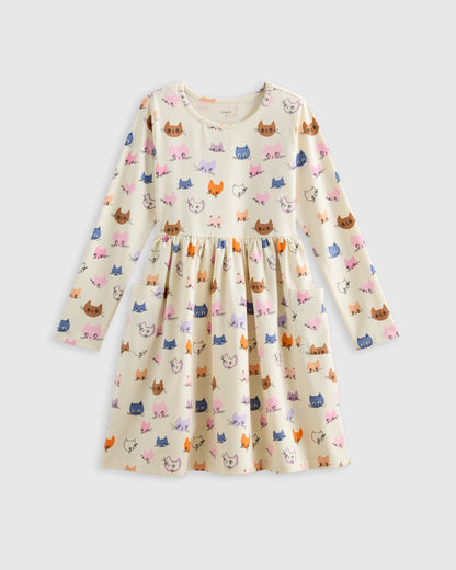 Organic Cotton Long Sleeve Fit and Flare Pocket Dress - 6 / Purple Poppy Garden
