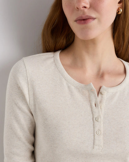 Organic Cotton Micro-Rib Henley Long Sleeve Tee - XS / Heather Oatmeal