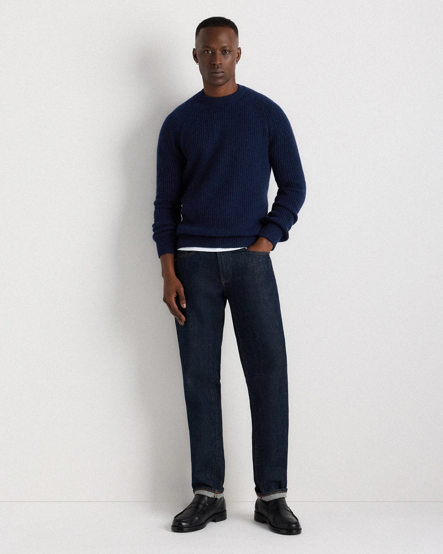 Mongolian Cashmere Fisherman Crewneck Sweater - S / Navy Marl
