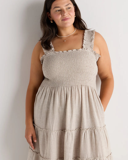 100% European Linen Smocked Midi Dress - 1X / Flax
