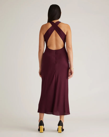 Washable Stretch Silk High Neck Midi Dress - XS / Vintage Navy Roses