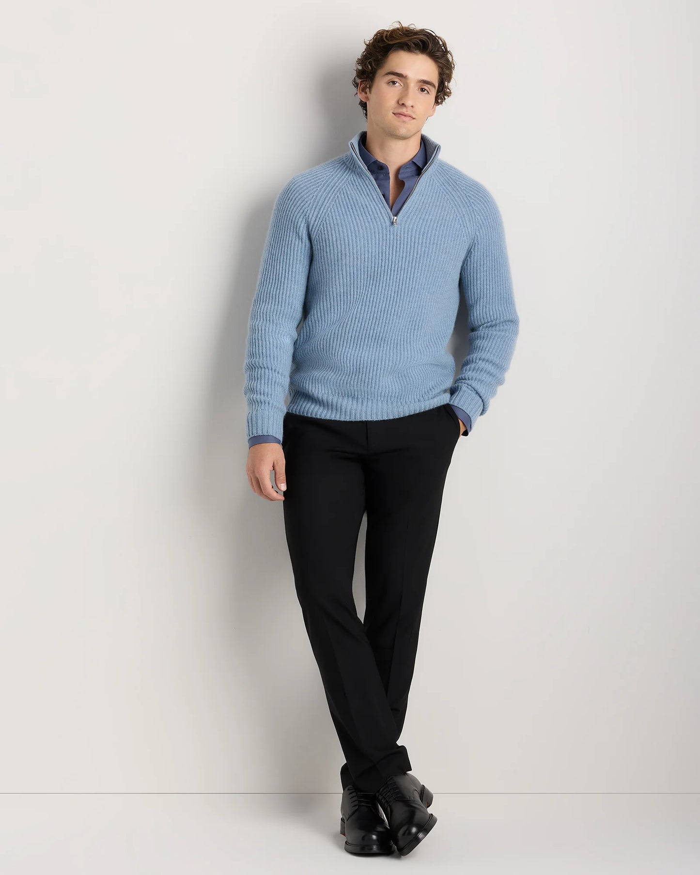 Mongolian Cashmere Fisherman Quarter Zip Sweater - S / Navy Marl