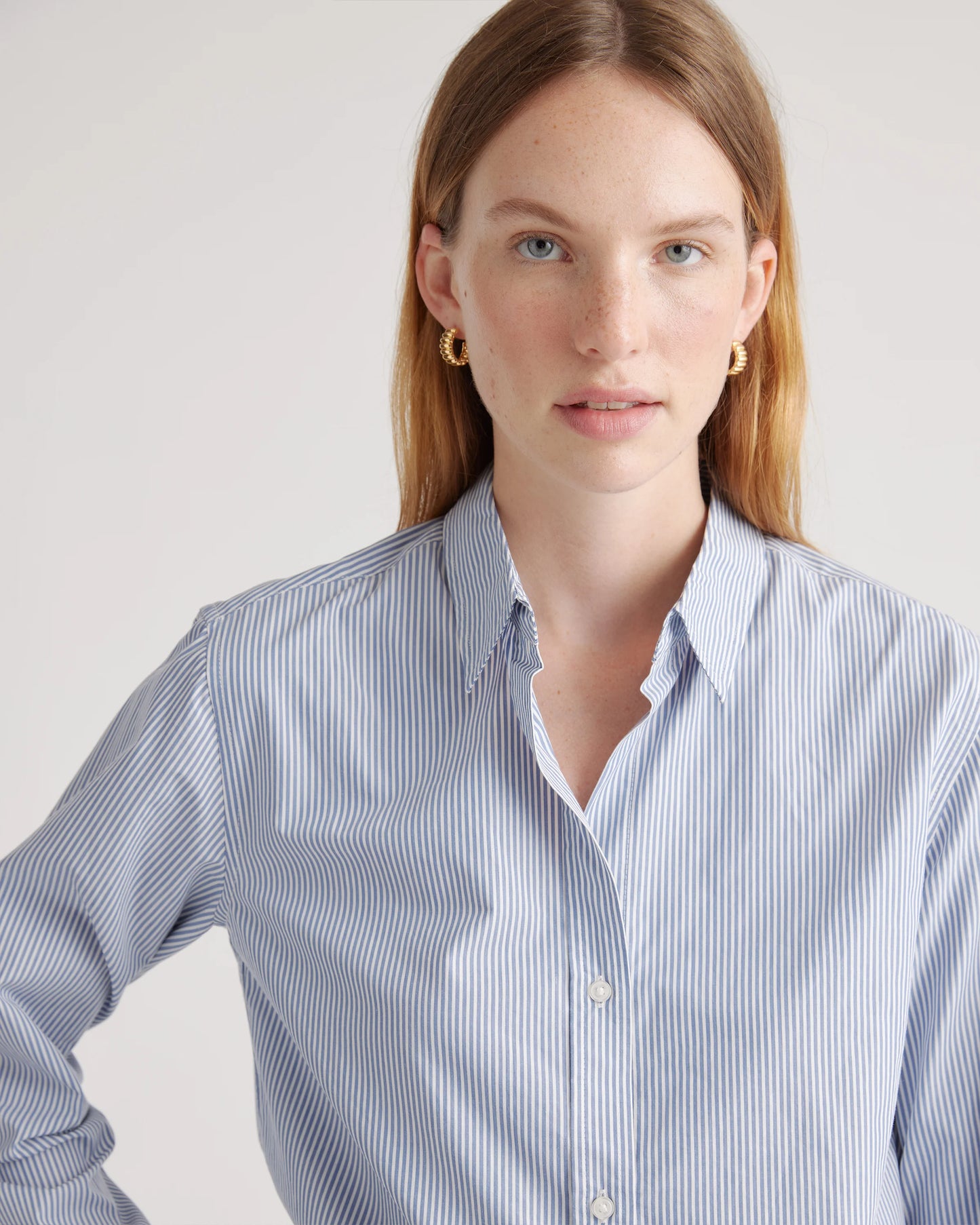 100% Organic Cotton Poplin Long Sleeve Shirt - XS / Delta Blue Double Stripe
