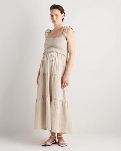 100% Organic Cotton Gauze Smocked Sleeveless Midi Dress - XS / Khaki Gingham