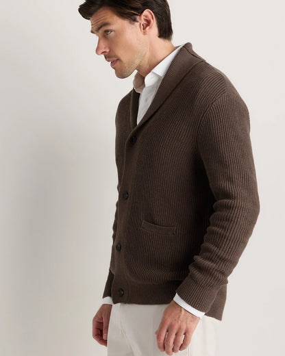 100% Organic Cotton Ribbed Shawl-Collar Cardigan Sweater - S / Bayberry Olive