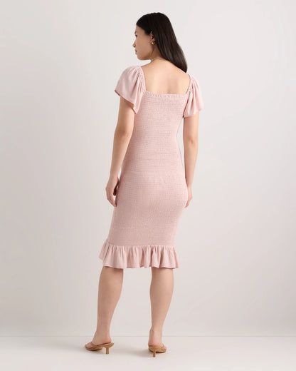 Lightweight Crepe Smocked Flutter Sleeve Maternity Dress - XS / Shell Pink