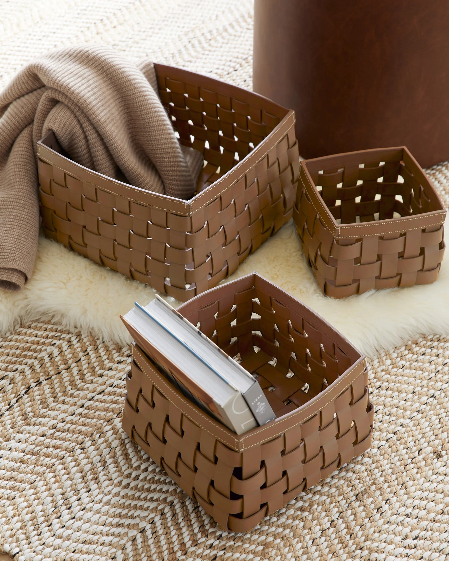 Recycled Woven Leather Baskets (set of 3) - One Size / Cognac