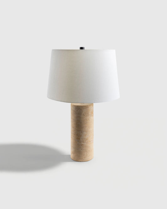 Travertine Table Lamp with Drum Shade - Column / Beige
