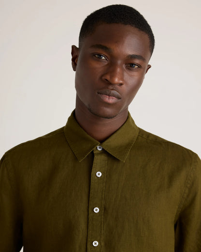 100% European Linen Relaxed Short Sleeve Shirt - XS / Taupe Brown Chambray