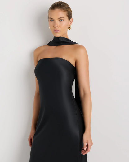 100% Washable Silk Strapless Scarf Maxi Dress - XS / Black