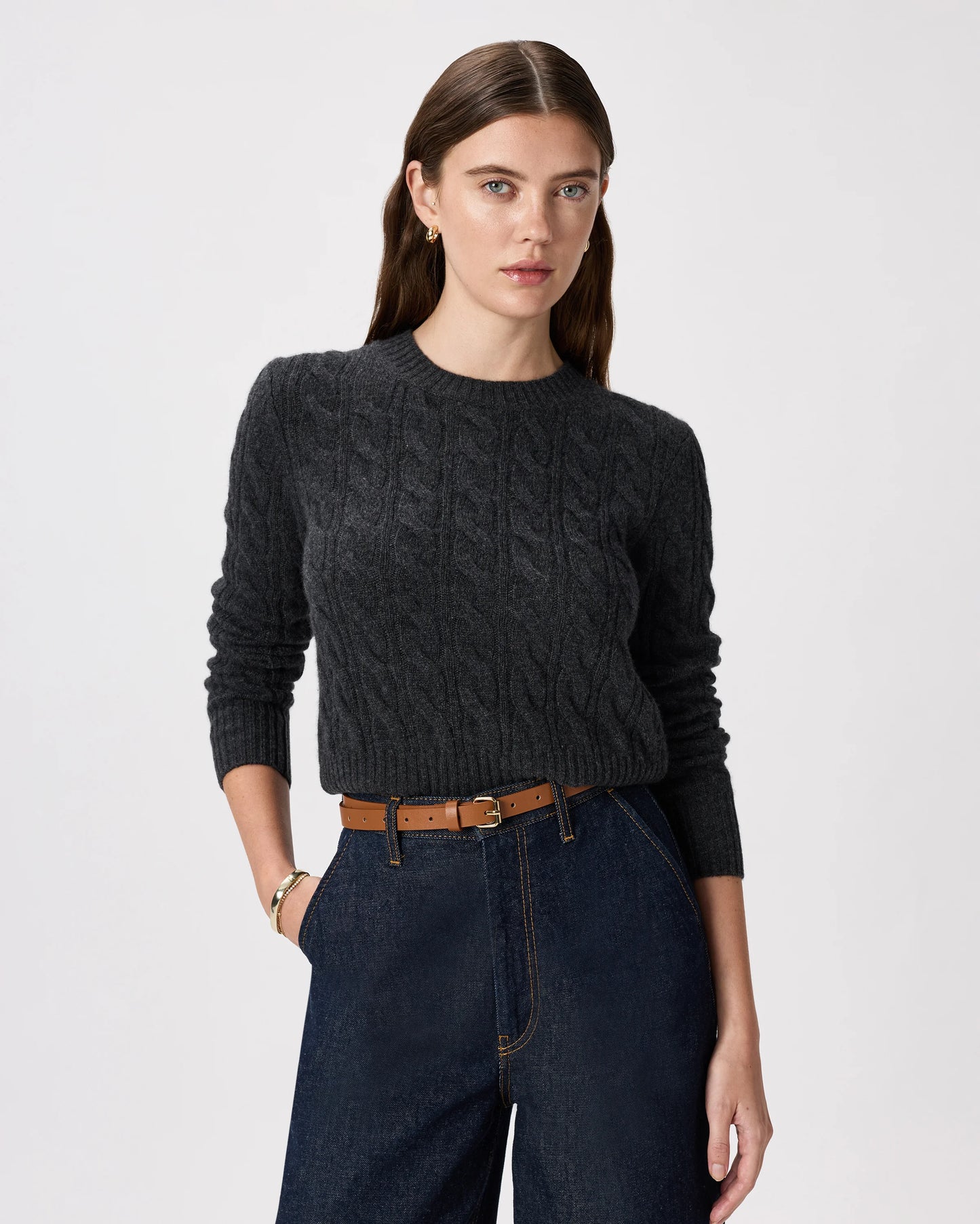 Mongolian Cashmere Shrunken Cable Crewneck Sweater - XS / Varsity Red