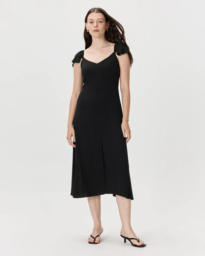 Lightweight Crepe Flutter Sleeve Midi Dress - XS / True Black