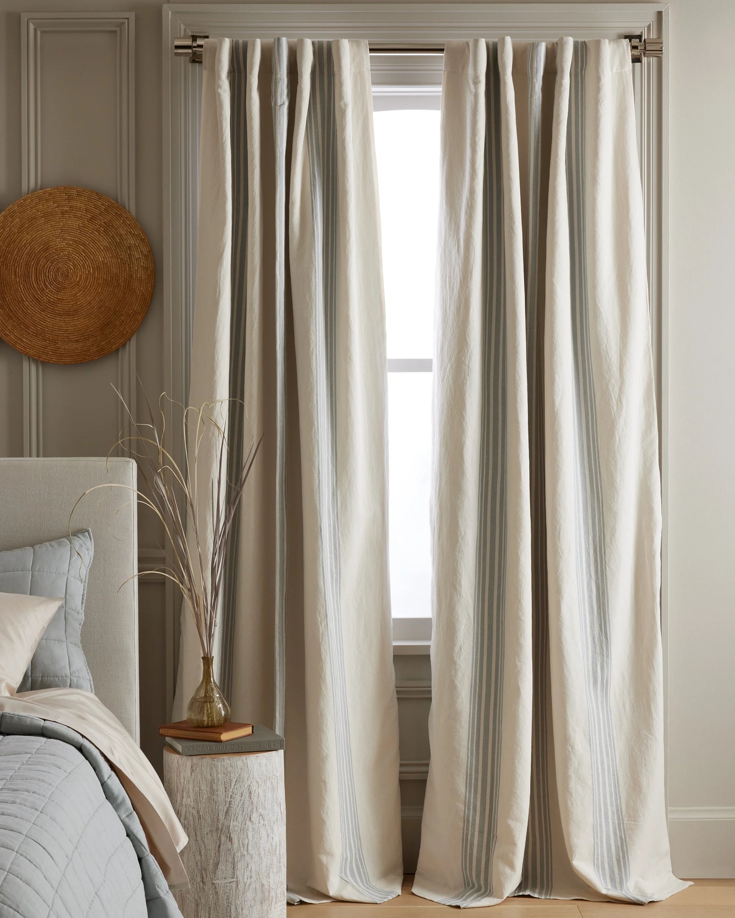 Coastal Stripe Linen Cotton Room Darkening Curtain - Single Panel - 48x84 / Ivory/Sage Green