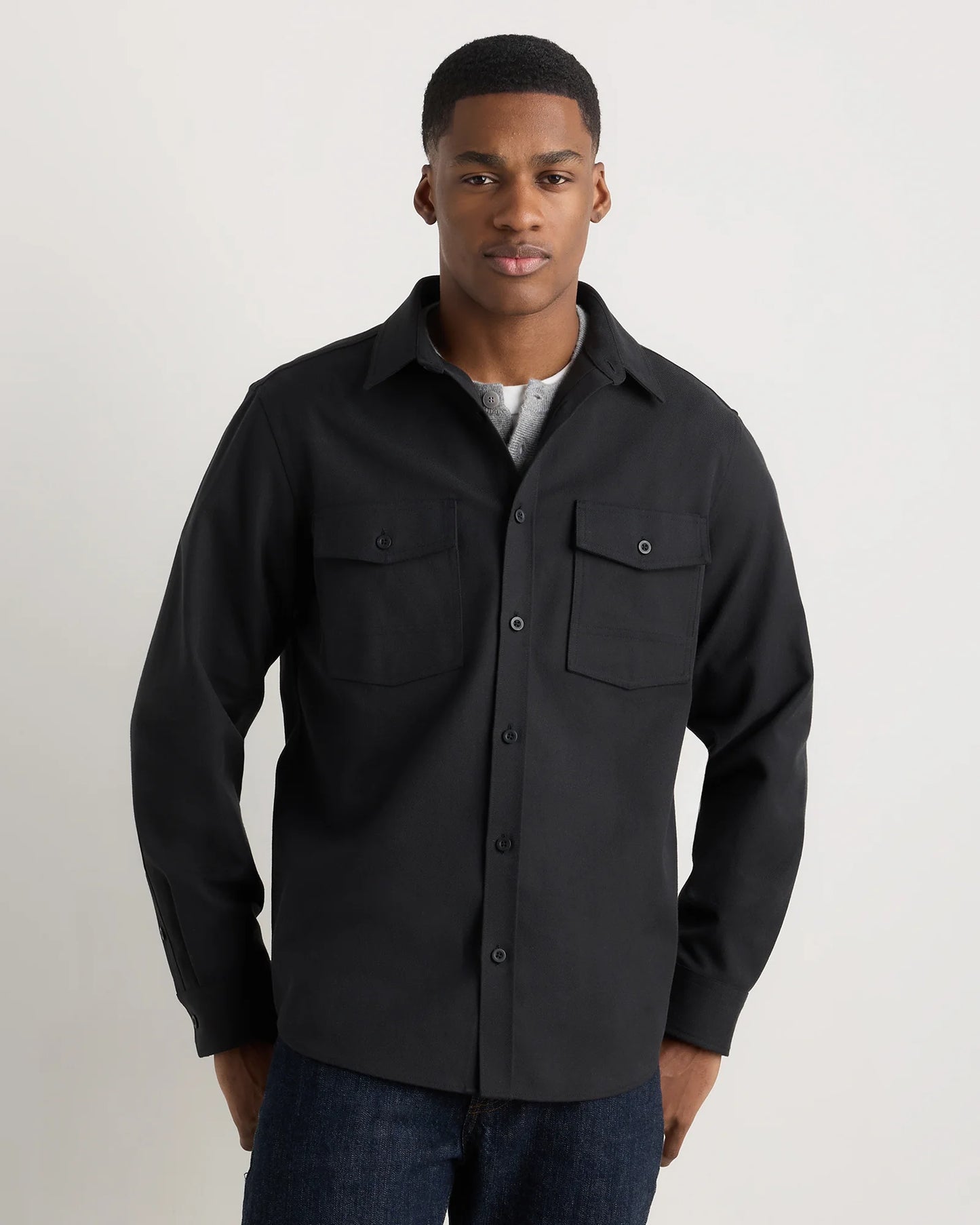 Brushed Cotton Wool Utility Overshirt - S / True Black