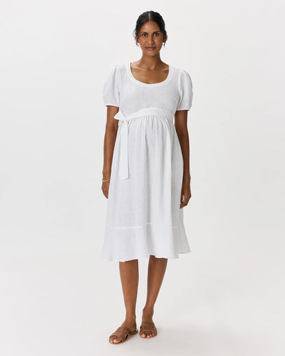100% European Linen Maternity Short Sleeve Midi Dress - XS / Ivory Porcelain Blue Petite Floral