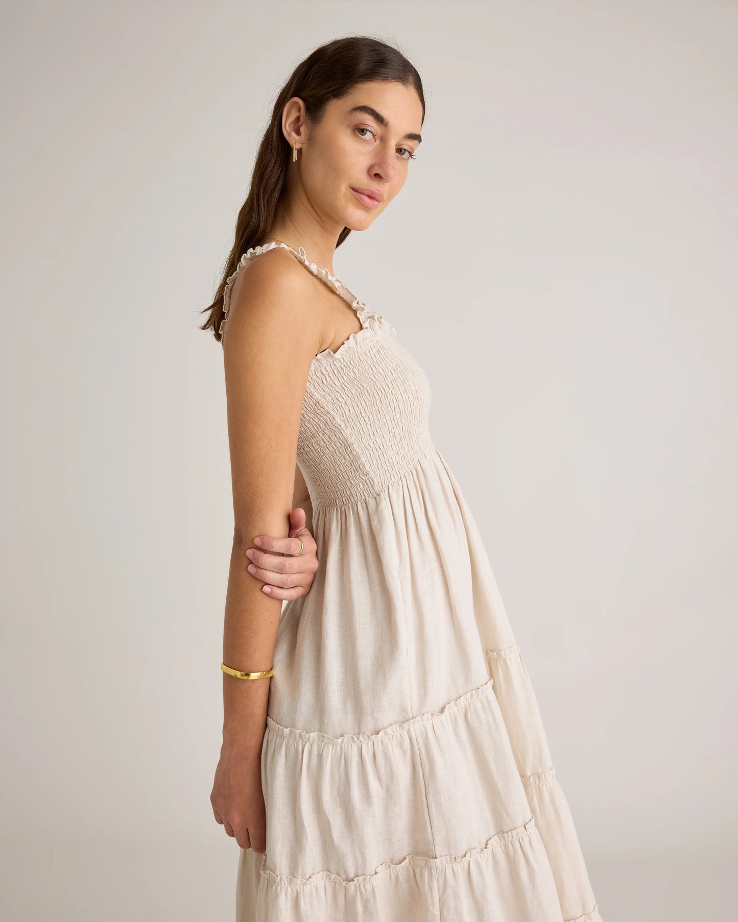 100% European Linen Smocked Midi Dress - XS / Ivory Porcelain Blue Petite Floral