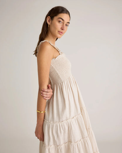 100% European Linen Smocked Midi Dress - XS / Ivory Porcelain Blue Petite Floral
