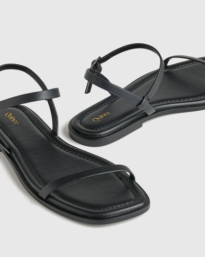 Italian Leather Ankle Strap Flat Sandal - 5 / Black