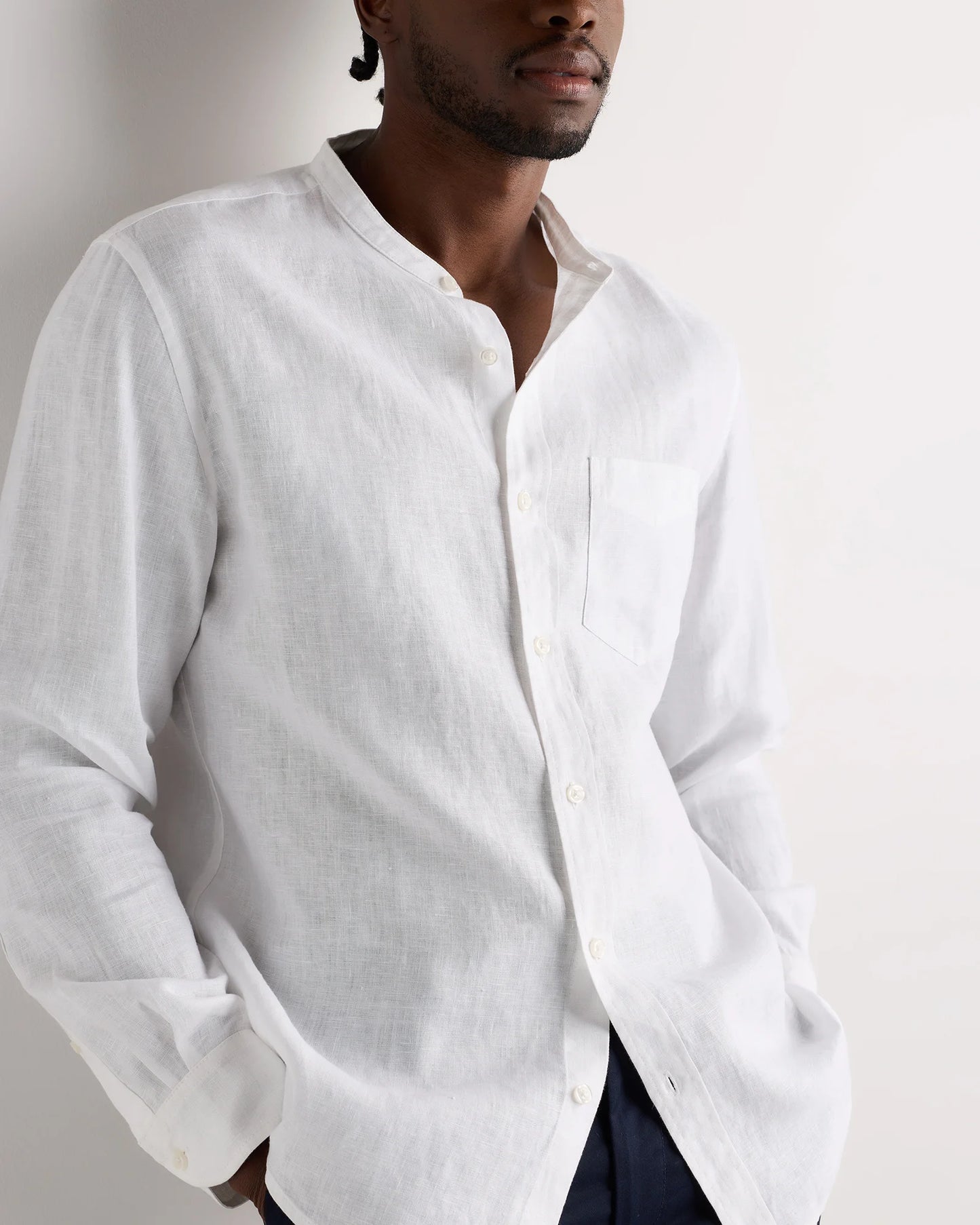 100% European Linen Relaxed Band Collar Shirt - S / White