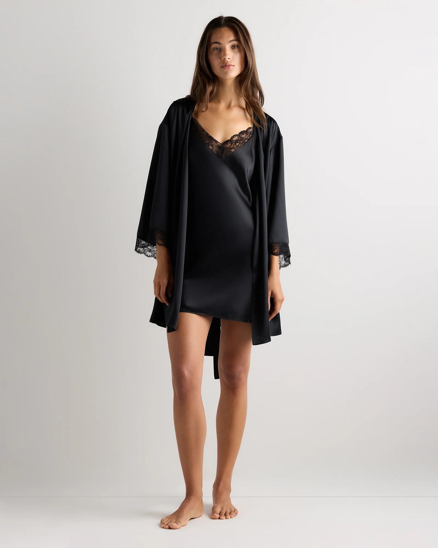 100% Washable Silk Satin Lace Trim Robe - XS / Black