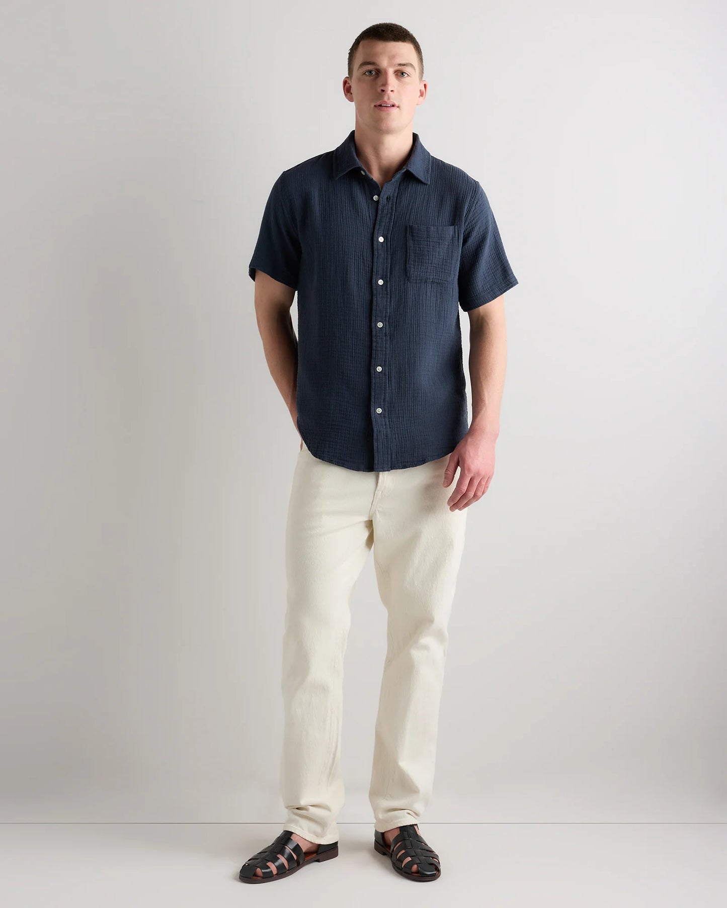 100% Organic Cotton Gauze Short Sleeve Shirt - S / Indigo Blue
