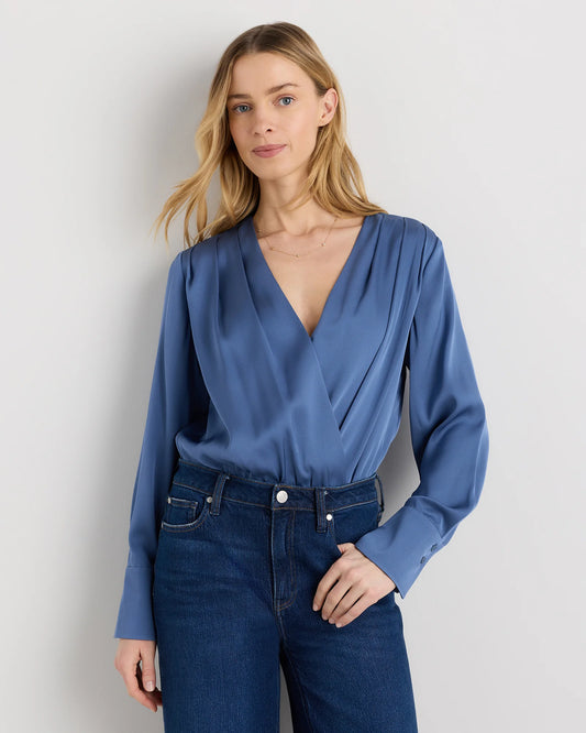 Washable Stretch Silk Surplice Bodysuit - XS / Moonstone Blue