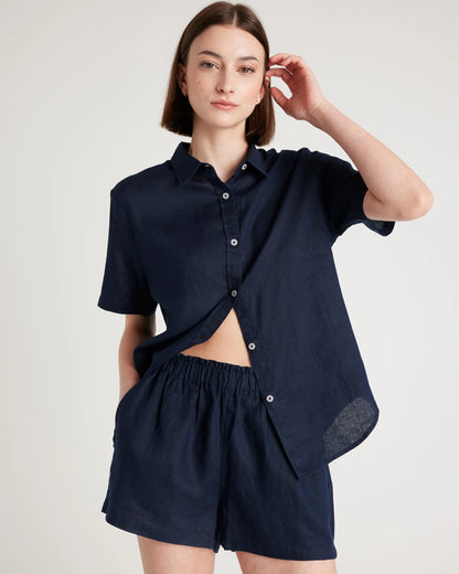 100% European Linen Shorts Pajama Set - XS / French Blue
