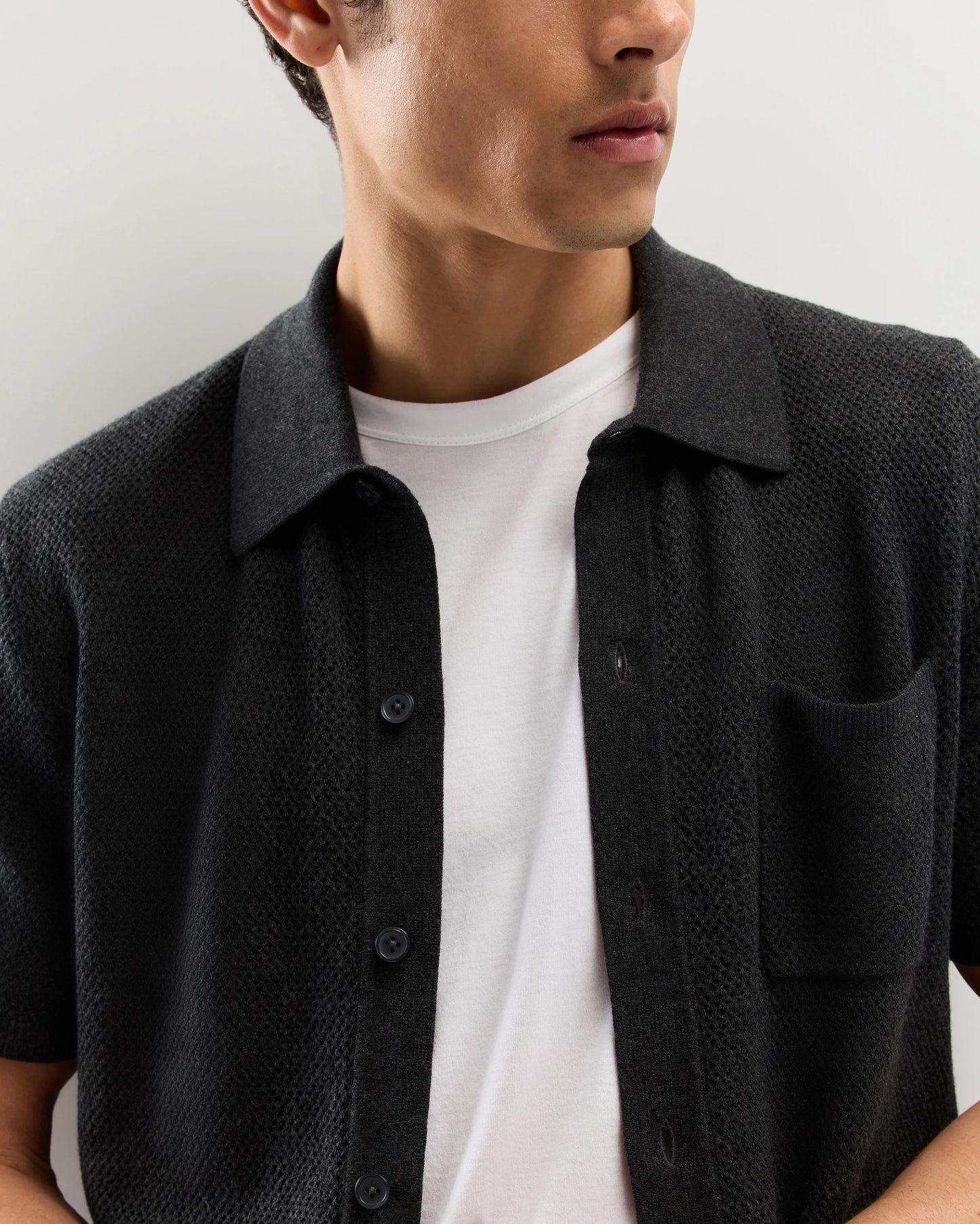 100% Organic Cotton Mesh-Stitch Button-Up Sweater Polo - XS / Speckled Beige