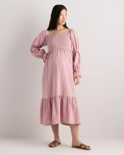 100% Organic Cotton Gauze Maternity Smocked Midi Dress - XS / Wild Cherry