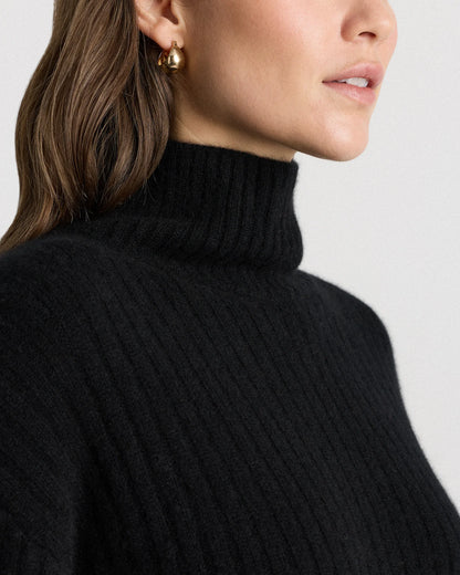 Mongolian Cashmere Ribbed Turtleneck Mini Dress - XS / Black