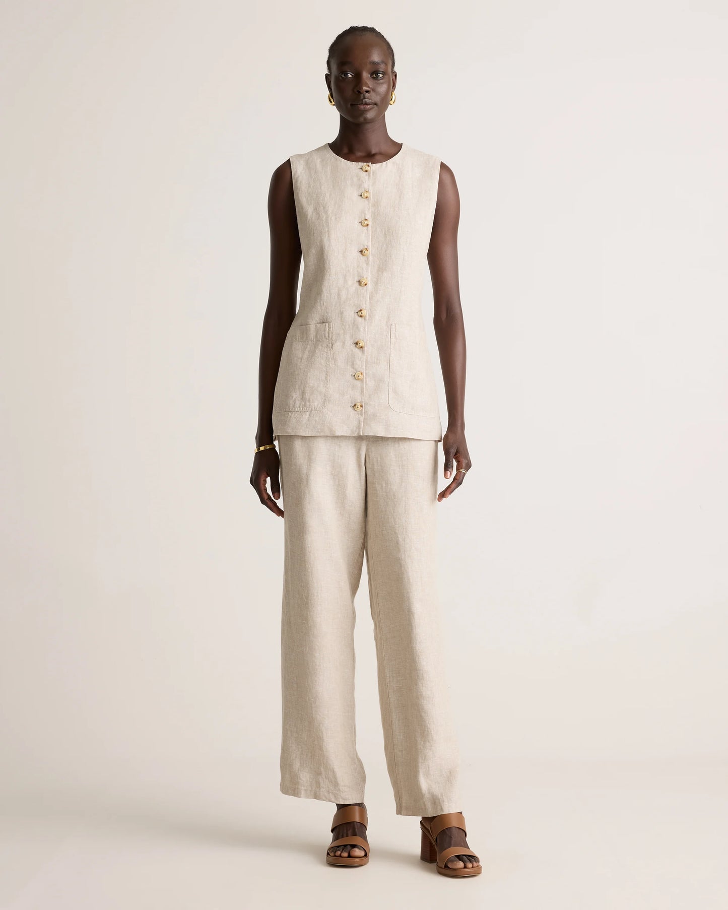 100% European Linen Longline Vest - XS / Taupe Brown Chambray