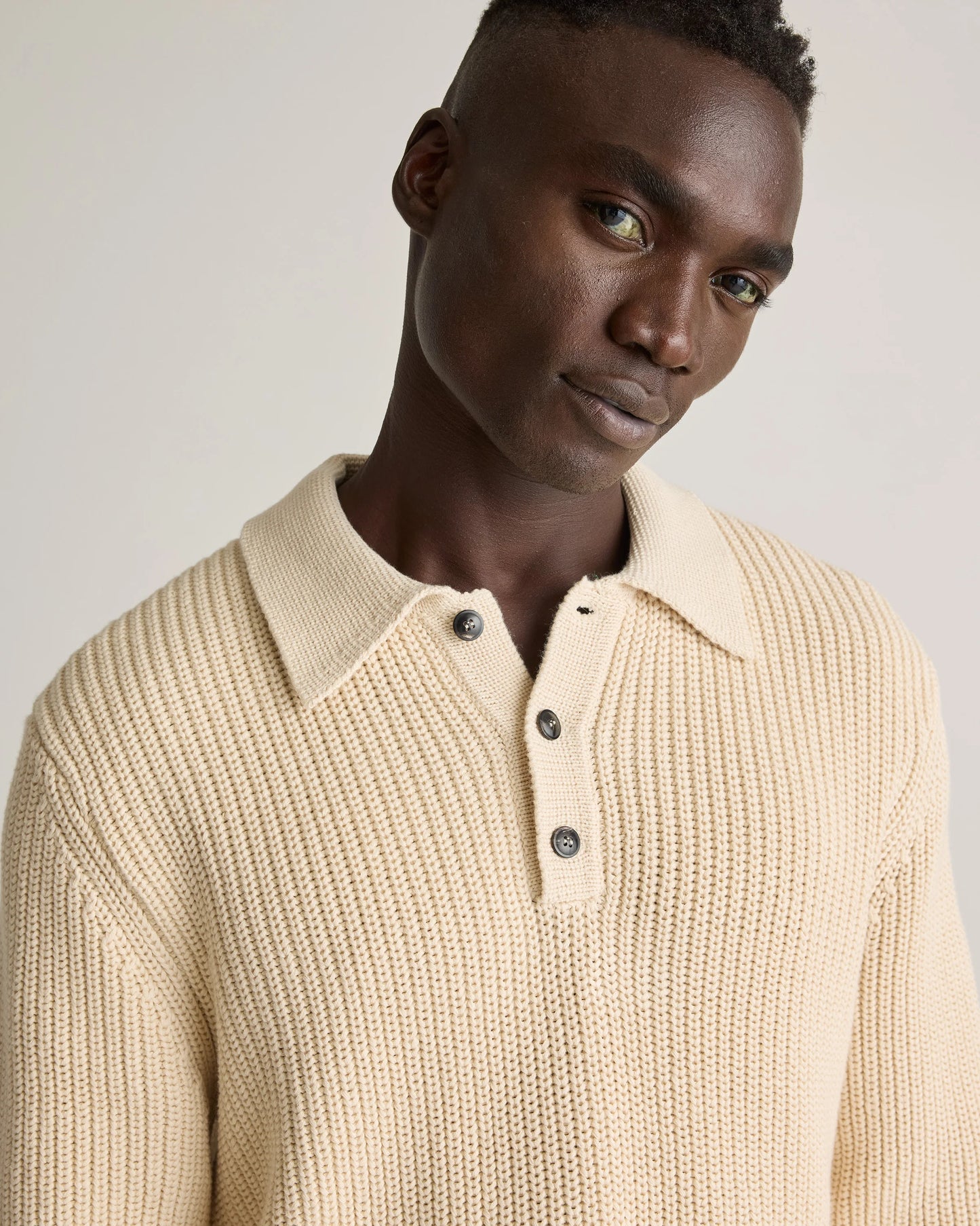 100% Organic Cotton Fisherman Polo Sweater - S / Alabaster